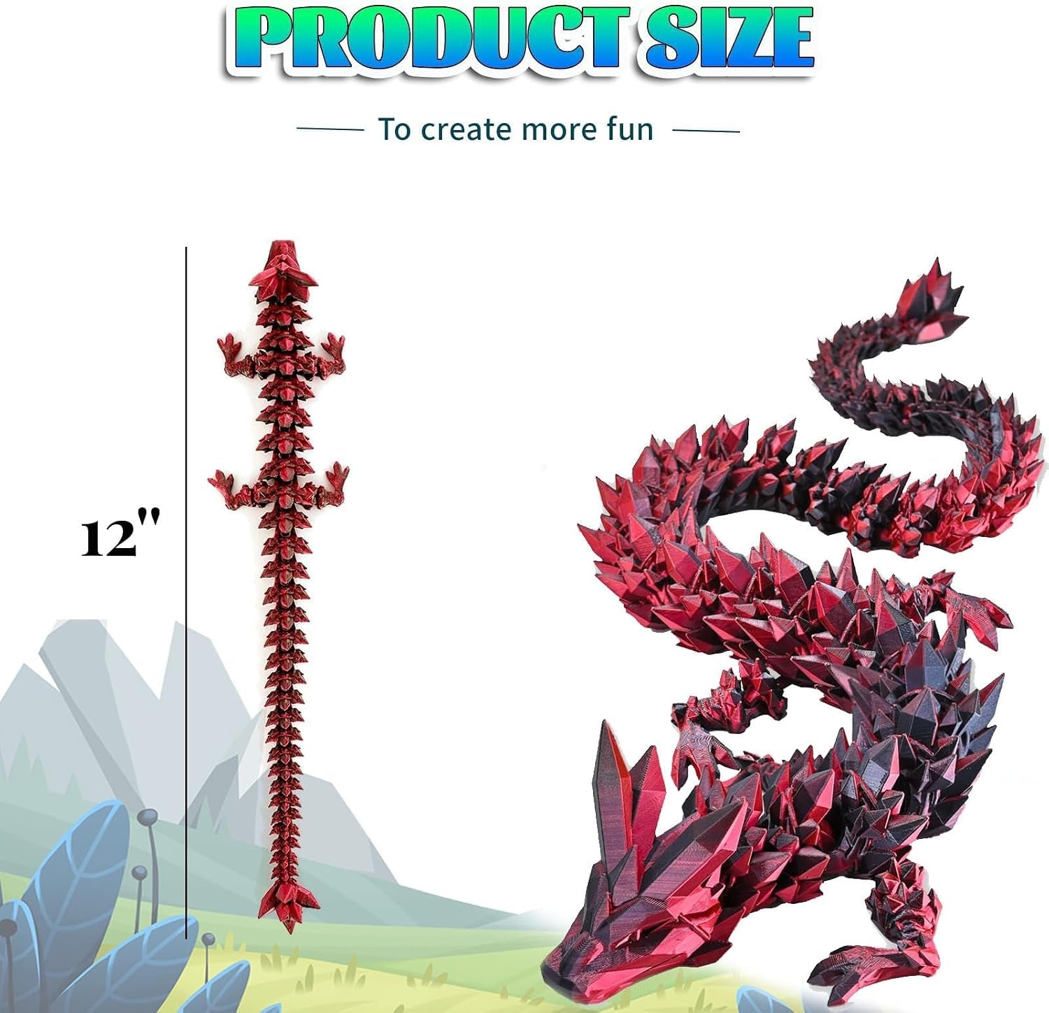 Large 3D Printed Oscillatory Joint Dragon - 30cm Stress-Reliever (Laser Black Red)